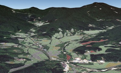 GIS data of cropland parcels overlay to remote sensing image with terrian adjustment for visualization