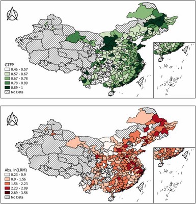 Spatial maps of GTFP & LRM at the city level in China.